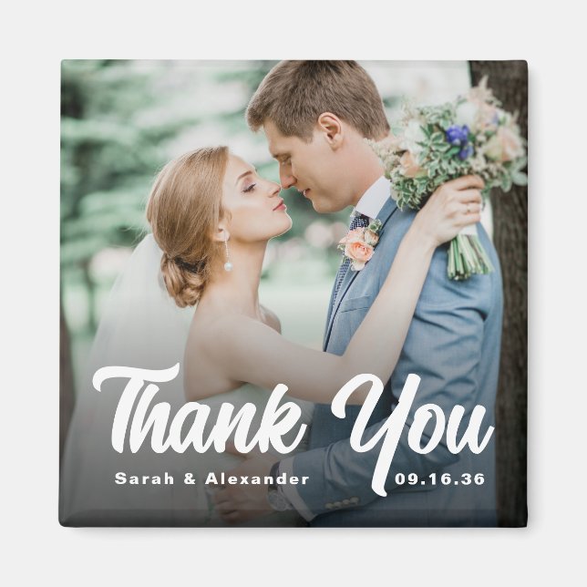 Modern Bold Script White Thank You Wedding Photo Magnet (Front)