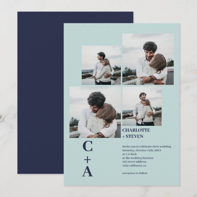 Modern bold sea navy blue 4 photos grid wedding invitation (Front/Back)