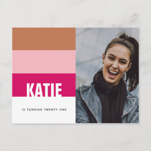Modern Bold Stripes Pink Tan Photo 21st Birthday Postcard