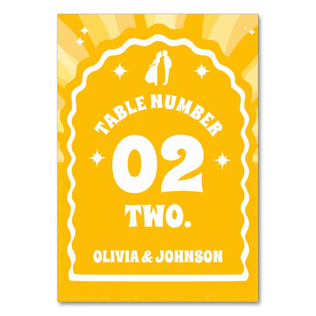 Modern Bold Sunshine Wavy Arch Photo Wedding Table Number (Front)