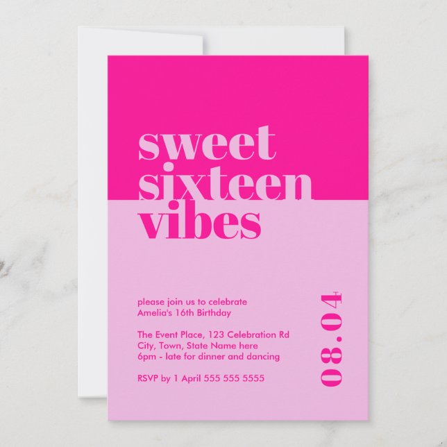 Modern Bold Sweet Sixteen Vibes Pink Birthday  Invitation (Front)