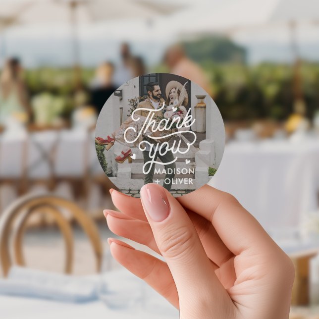 Modern Bold Thank You Typography Photo Wedding Classic Round Sticker (Creator Uploaded)