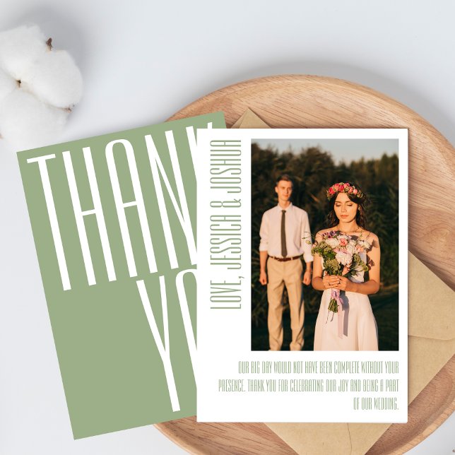 Modern Bold Thankyou Typography Sage Green Photo Thank You Card (Creator Uploaded)