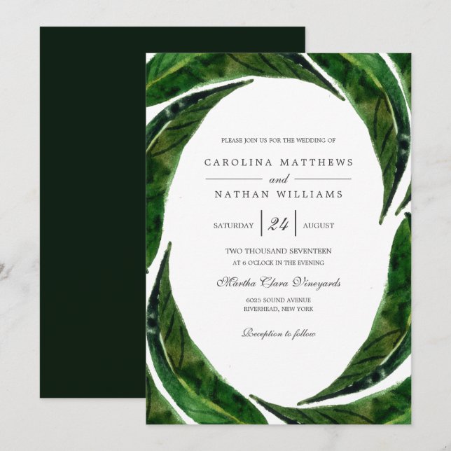 Modern Bold Tropical Leaves Wedding  | Dark Invitation (Front/Back)