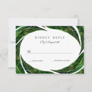 Modern Bold Tropical Leaves Wedding RSVP Dark Card