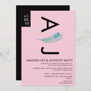 Modern Bold Tropical Palm Leaf Teal Pink Wedding I Invitation