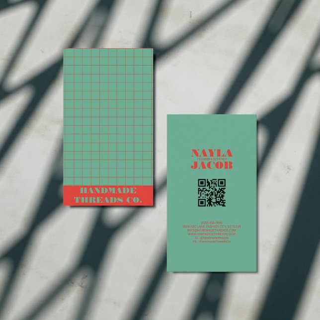 Modern Bold Turquoise Chequered Pattern QR Code  Business Card (Creator Uploaded)