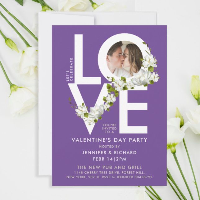 Modern Bold Typo White Purple Love Photo Floral Invitation (Creator Uploaded)