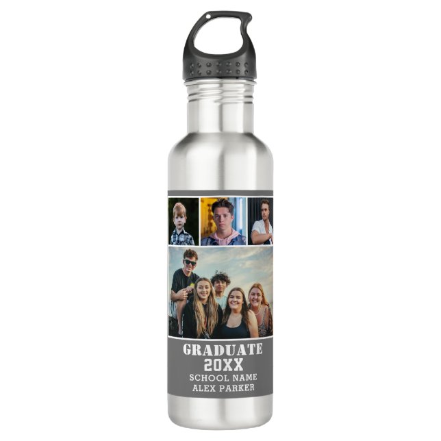 Modern Bold Typography 4 Photo Collage Graduation 710 Ml Water Bottle (Front)