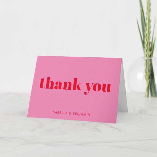 Modern Bold Typography Bright Pink and Red Wedding Thank You Card (Front)
