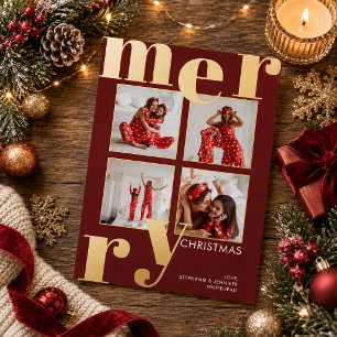 Modern Bold Typography Burgundy Red Photo Merry Foil Holiday Card