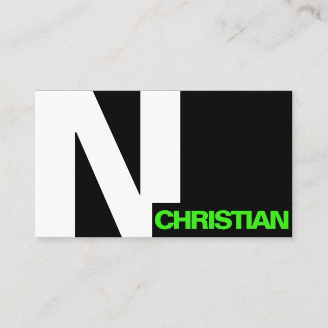 Modern Bold Typography Initial Black White Green Business Card (Front)