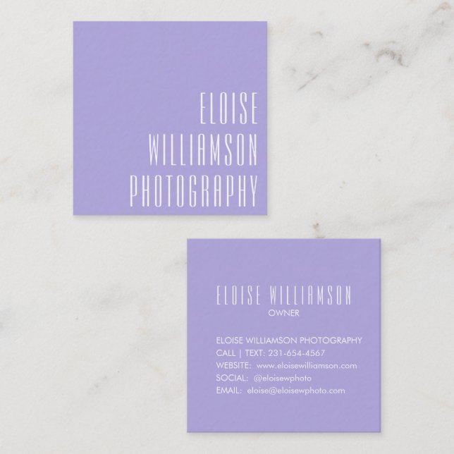 Modern Bold Typography Lavender Purple Lilac Square Business Card (Front/Back)