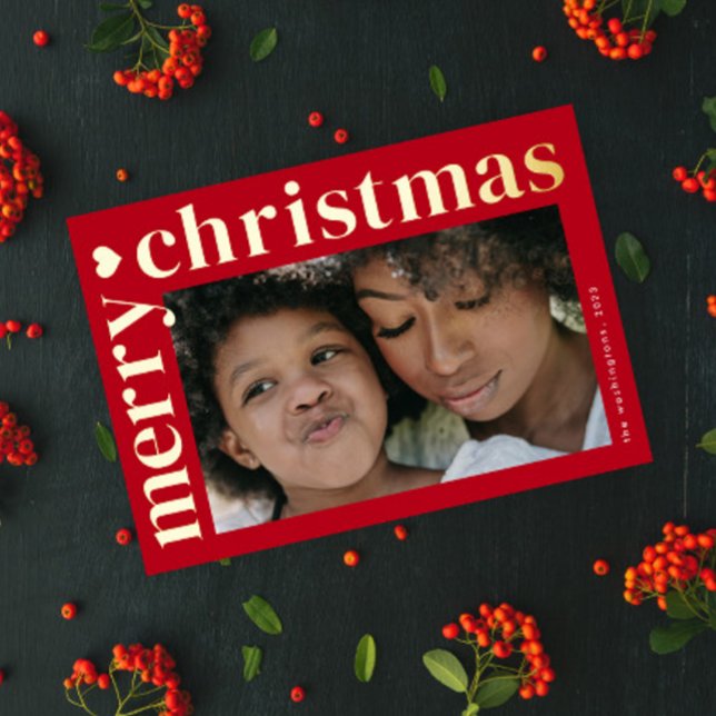Modern Bold Typography Merry Christmas  Foil Holiday Card (A modern photo christmas holiday card with elegant real foil merry christmas bold typography.)