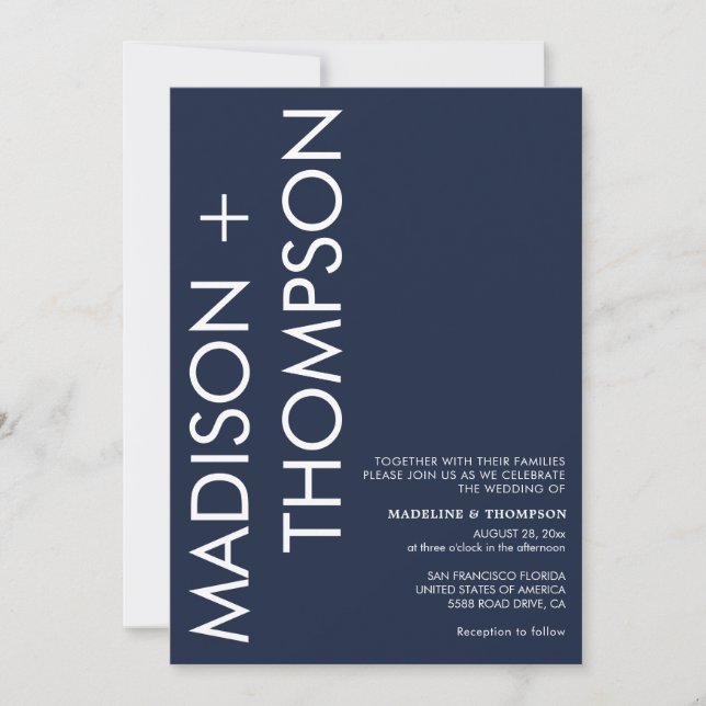 Modern Bold Typography Navy Blue Photo Wedding Invitation (Front)