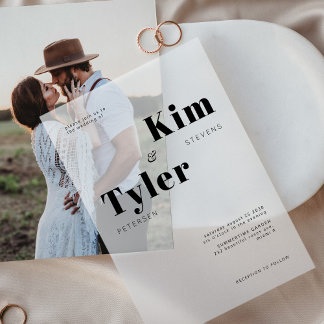 Modern bold typography overlay wedding vellum invitations