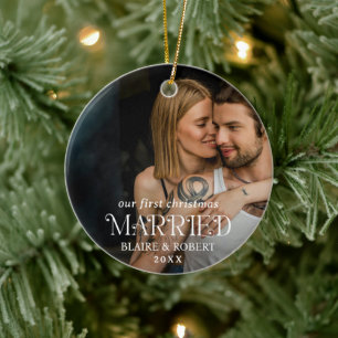 Modern Bold Typography Photo Elegant Newlywed Ceramic Tree Decoration