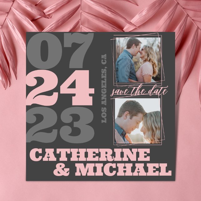 Modern Bold Typography Pink & Grey Photo Initials  Save The Date (Creator Uploaded)