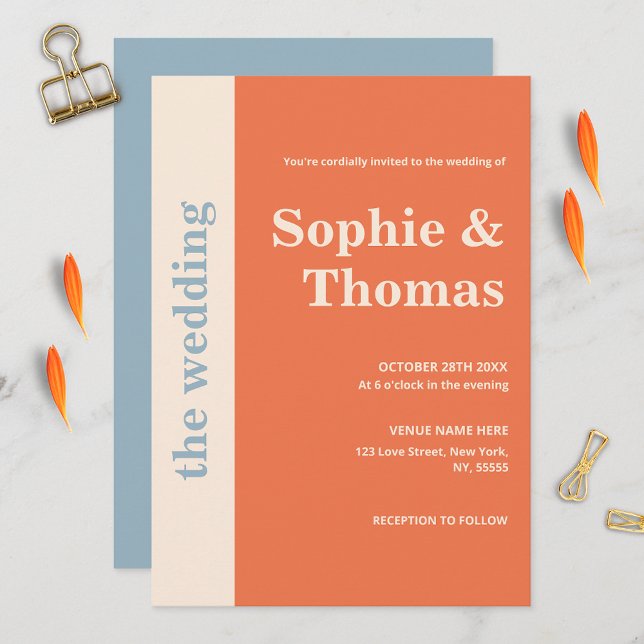 Modern Bold Typography Wedding Apricot Dusty Blue Invitation (Creator Uploaded)