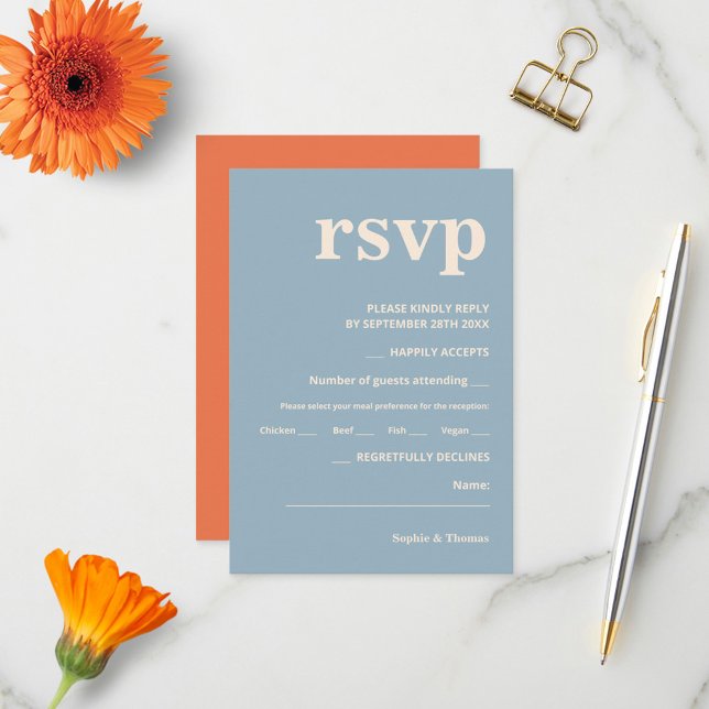 Modern Bold Typography Wedding Dusty Blue Apricot RSVP Card (Creator Uploaded)