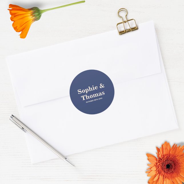 Modern Bold Typography Wedding Navy Blue Classic Round Sticker (Creator Uploaded)