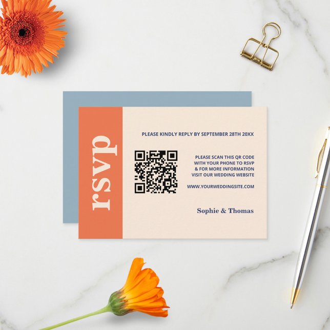Modern Bold Typography Wedding Orange Dusty Blue RSVP Card (Creator Uploaded)