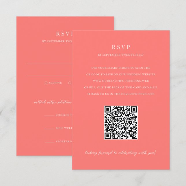 Modern Bold Vibrant Coral Simple QR Code Wedding RSVP Card (Front/Back)