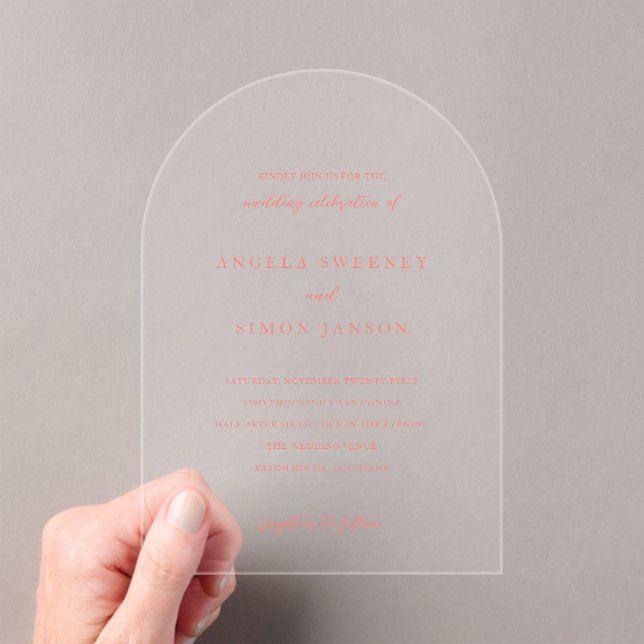 Modern Bold Vibrant Coral Simple Wedding Acrylic Invitations (Insitu (Handheld))