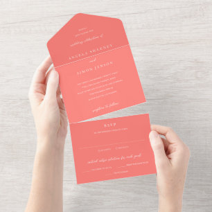 Modern Bold Vibrant Coral Simple Wedding All In One Invitation