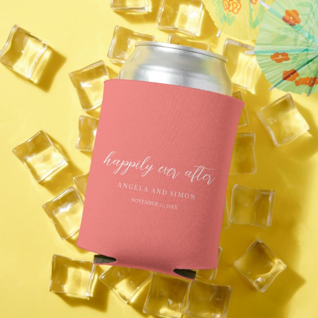 Modern Bold Vibrant Coral Simple Wedding Can Cooler (In Situ Summer)