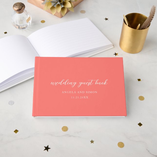 Modern Bold Vibrant Coral Simple Wedding Guest Book (Front Open)