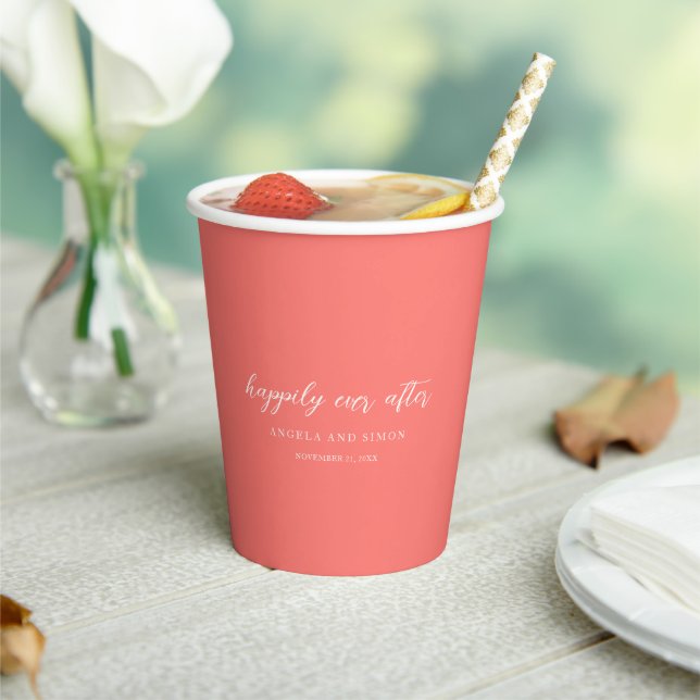 Modern Bold Vibrant Coral Simple Wedding Paper Cups (Insitu)
