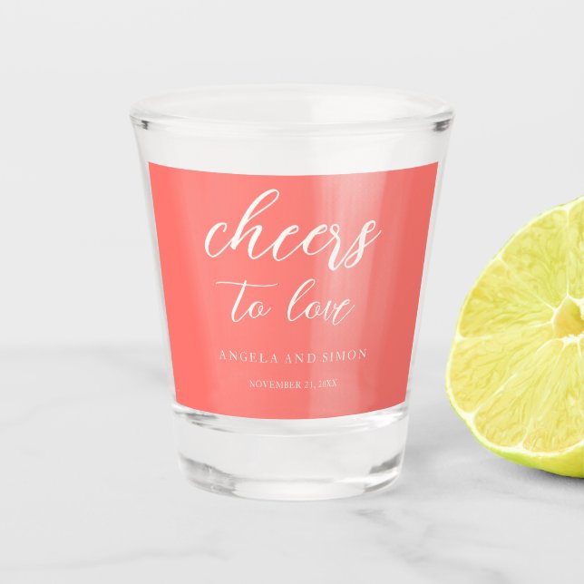 Modern Bold Vibrant Coral Simple Wedding Shot Glass (Front)