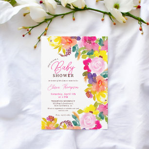 Modern bold watercolor flowers script baby shower invitation