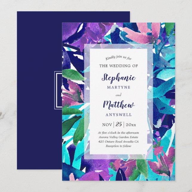Modern Bold Watercolor Navy Purple Aqua Wedding Invitation (Front/Back)