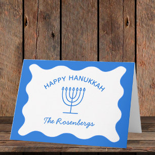 Modern Bold Wavy Border Personalised Blue Hanukkah Card