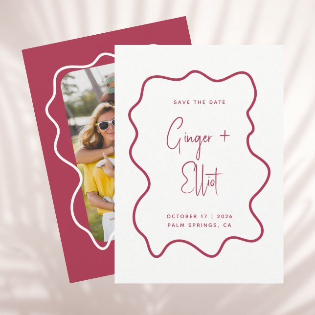 Modern Bold Wavy Frame Magenta Pink Photo Wedding Save The Date (Creator Uploaded)