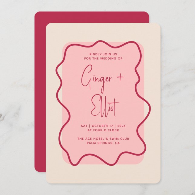 Modern Bold Wavy Frame Magenta Pink Wedding Invitation (Front/Back)