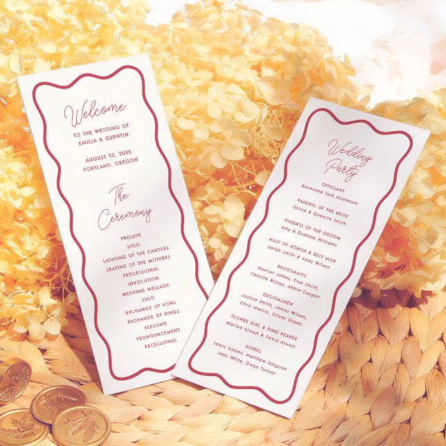 Modern Bold Wavy Frame Retro Red Wedding Programme (Creator Uploaded)