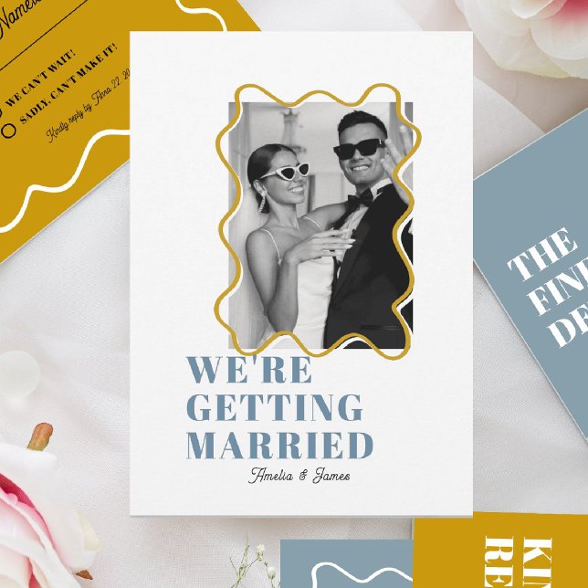modern Bold Wavy funky Dusty Blue & Yellow Wedding Invitation (Creator Uploaded)