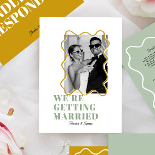 modern Bold Wavy funky sage green & yellow Wedding Invitation