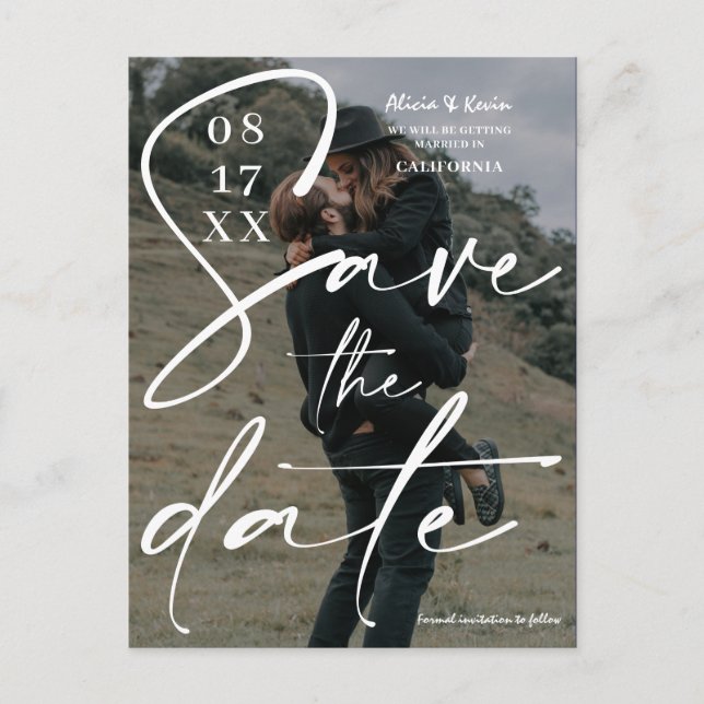 Modern bold white black script save the date photo postcard (Front)