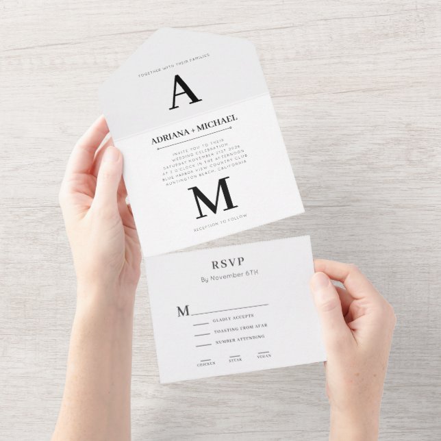 Modern Bold White Black Typography Wedding All In One Invitation (Tearaway)