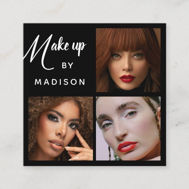 Modern Bold White Script 3 Photo Makeup Square Business Card (Front)
