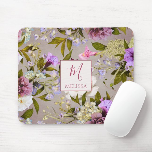 Modern Bold Wildflower Purple | Monogram Gift Mouse Mat (With Mouse)