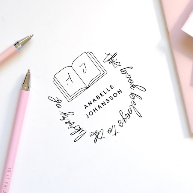 Modern Book Round Handwritten Custom Library Rubber Stamp (Creator Uploaded)