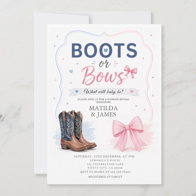 Modern Boots or Bows Gender Reveal Invitation (Front)