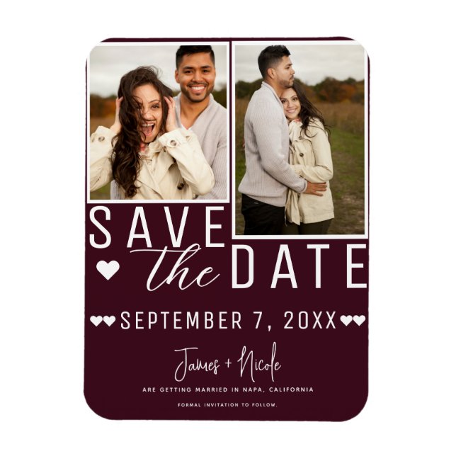 Modern Bordeaux Red Save the Date 2 Photo Wedding  Magnet (Vertical)