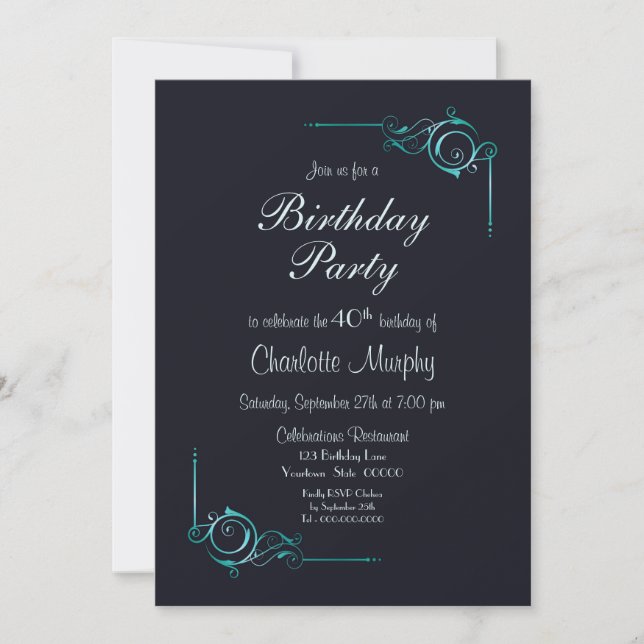Modern Border Blue 40th Birthday Party Invitation (Front)