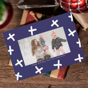 Modern Border  Blue White Christmas Photo Kisses Holiday Card